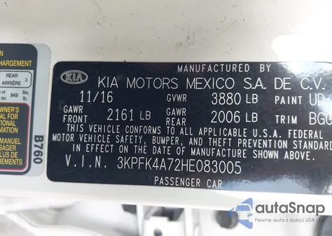 2017 Kia Forte Lx z USA, uszkodzony, nr VIN 3KPFK4A72HE083005